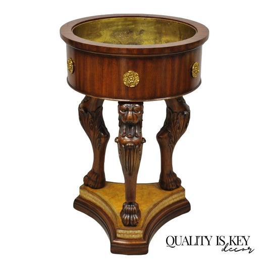 Maitland Smith Regency Style Mahogany Carved Lion Leather Base Cellarete Planter