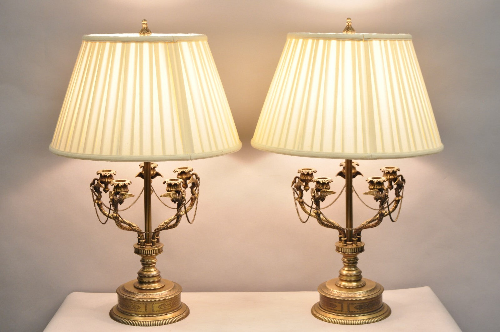 Vintage French Regency Style Brass Swans Candelabra Table Lamps - a Pair