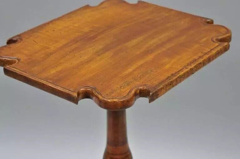 18th C. Federal Cherry Candle Stand Tea Table Tripod Pedestal Scallop Carved Top
