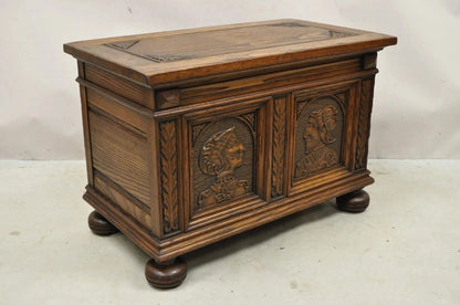 Antique Jacobean Oak Wood Figural Bust Carved Blanket Chest Trunk on Bun Feet