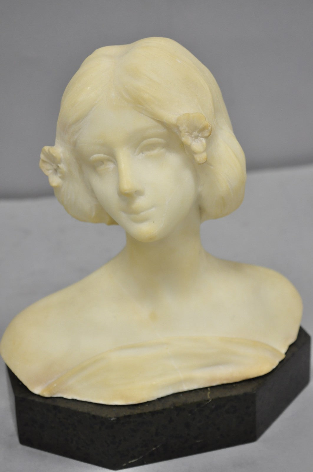 Antique Neoclassical Carved White Marble 9" Bust of Woman's Head on Marble Base