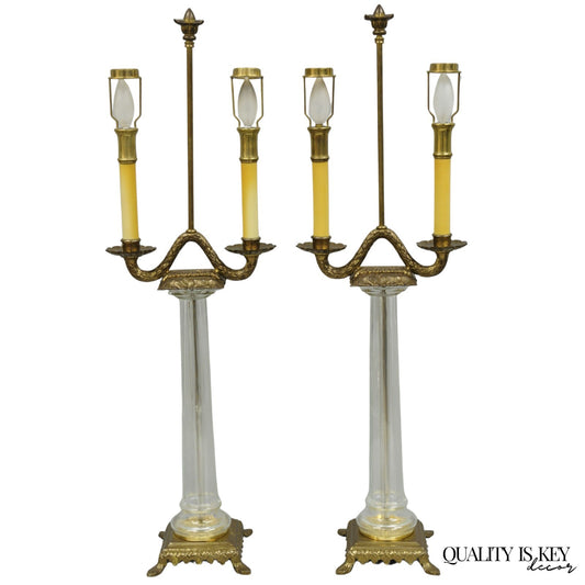Vintage Chapman French Empire Glass Column Brass Candelabra Table Lamps - a Pair