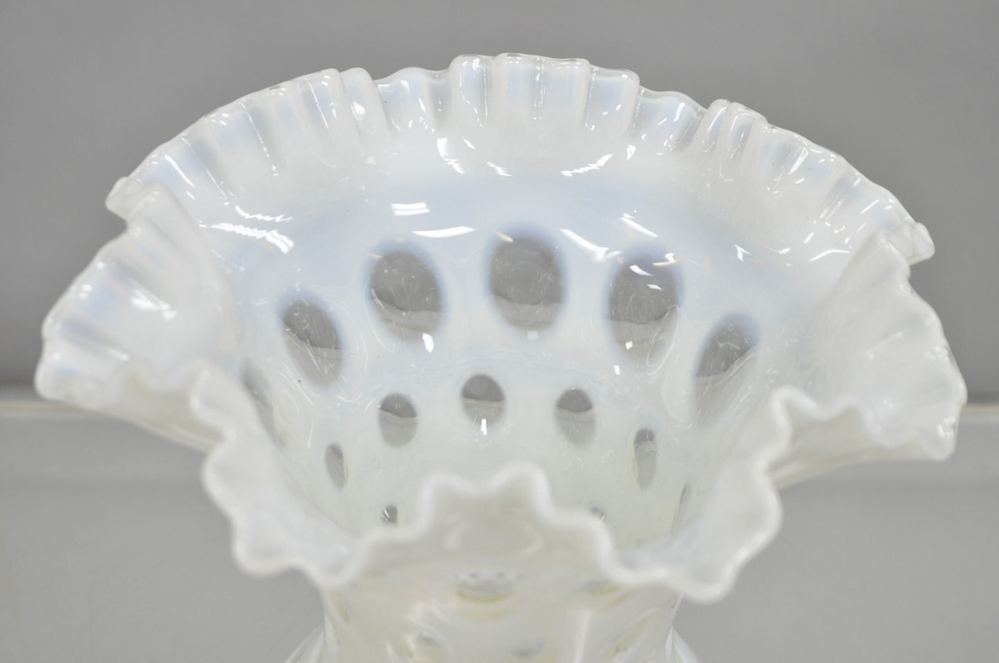Vintage Fenton White Coin Dot Opalescent Art Glass Ruffle Edge Flower Vase