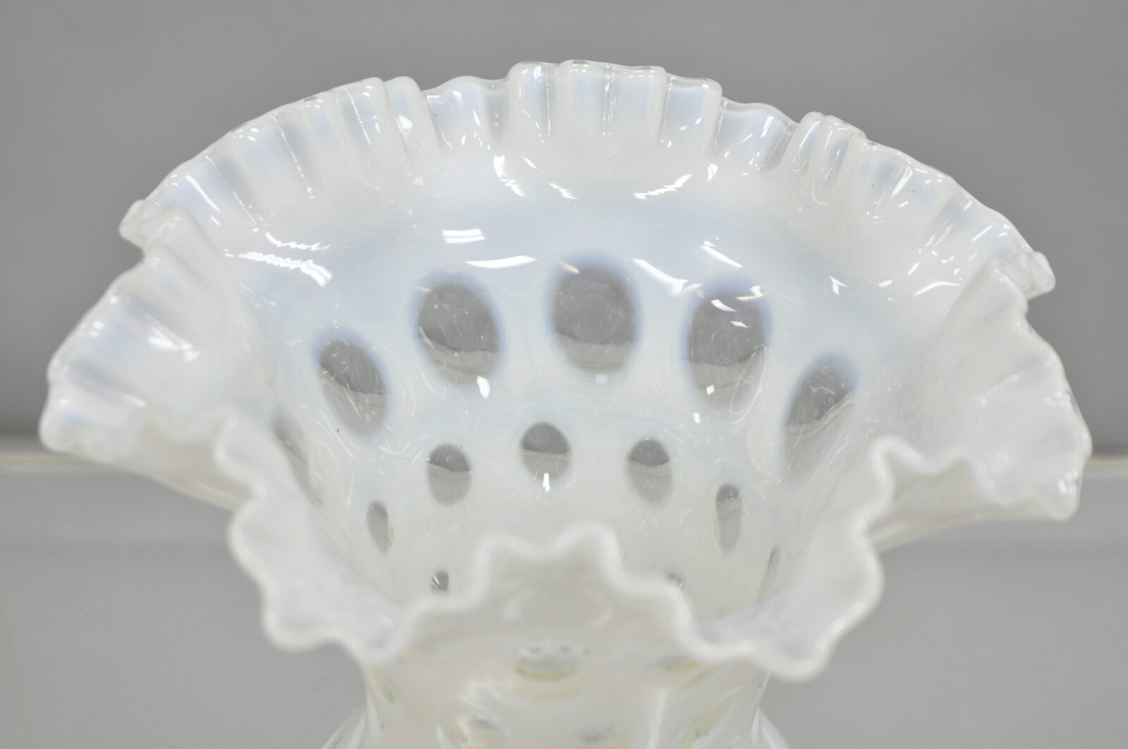 Vintage Fenton White Coin Dot Opalescent Art Glass Ruffle Edge Flower Vase