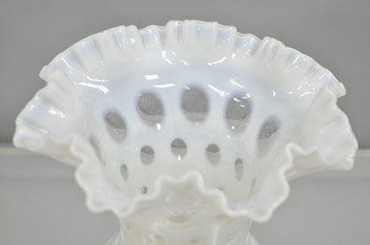Vintage Fenton White Coin Dot Opalescent Art Glass Ruffle Edge Flower Vase