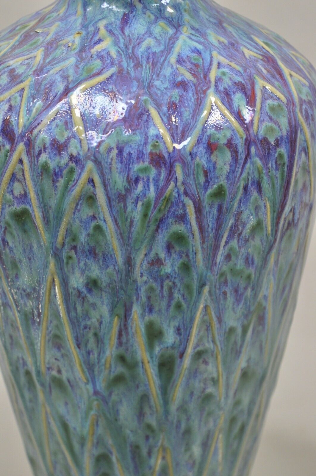 Mid Century Modern Ceramic Pottery Glazed Feather Pulled 20" Purple Blue Vase