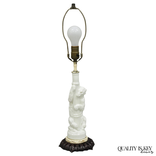 Antique White Polar Bear & Lamp Post Figural Glass Decanter Bottle Table Lamp