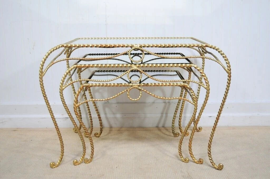Vintage Italian Hollywood Regency Gold Rope Mirror Top 3 Pc Nesting Side Tables
