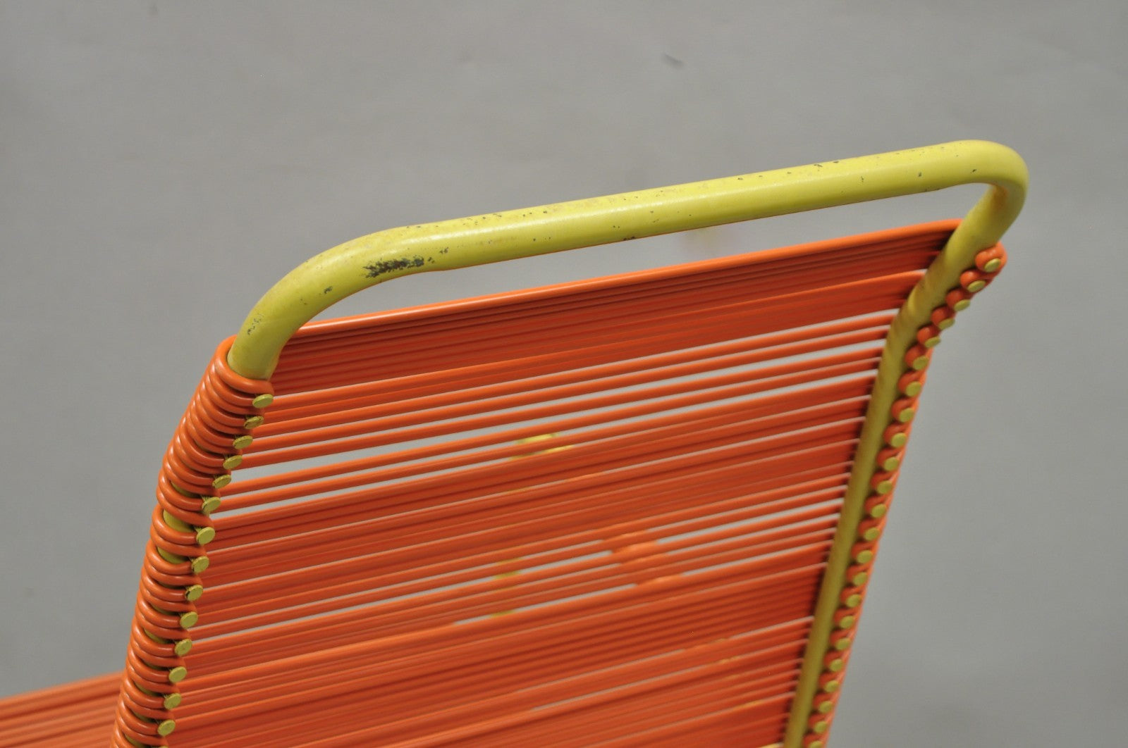 Vintage Mid Century Modern Orange Vinyl Spaghetti Strap Glider Lounge Chair