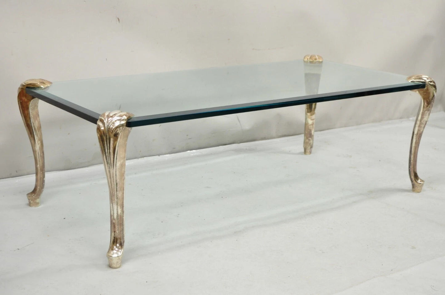 Vintage French Hollywood Regency Beveled Glass Bronze Cabriole Leg Coffee Table