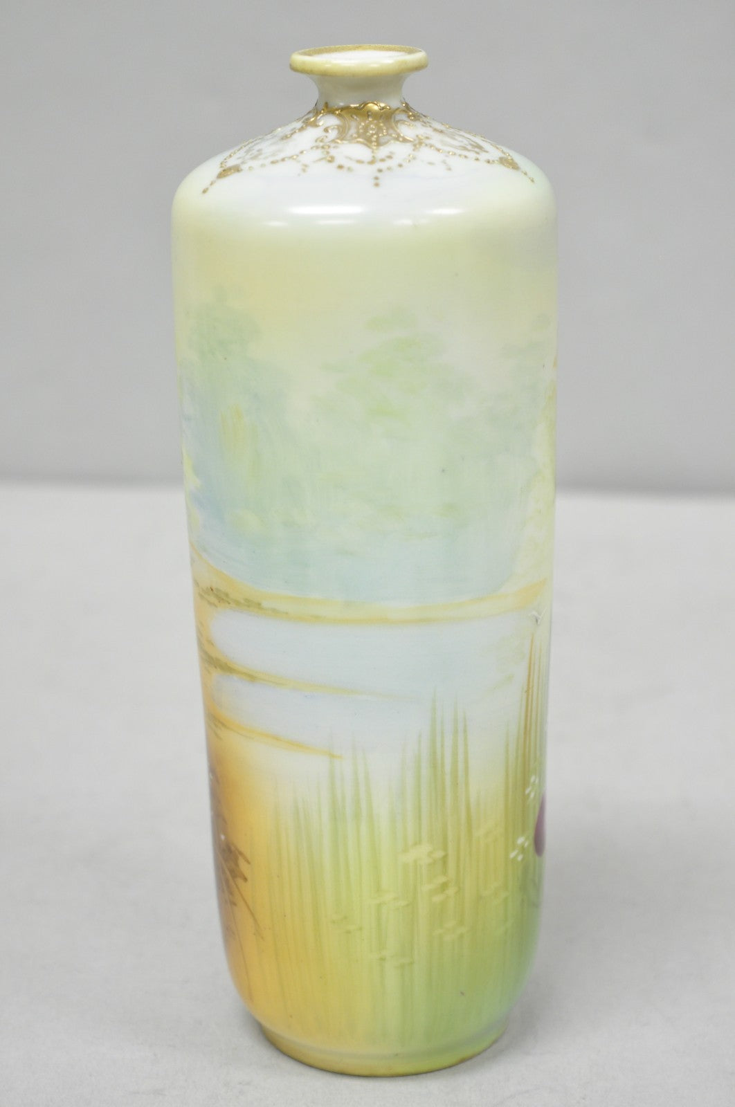 Antique Nippon Hand Painted Pink Rose & Lake Scene Small Porcelain Cylinder Vase