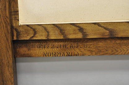 Vintage French Country Provincial Oak Wood Upholstered Panel King Bed Headboard