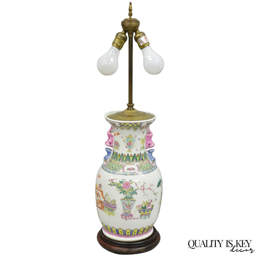 Vintage Chinese Hand Painted Porcelain Jardinierie Floral Chinoiserie Table Lamp