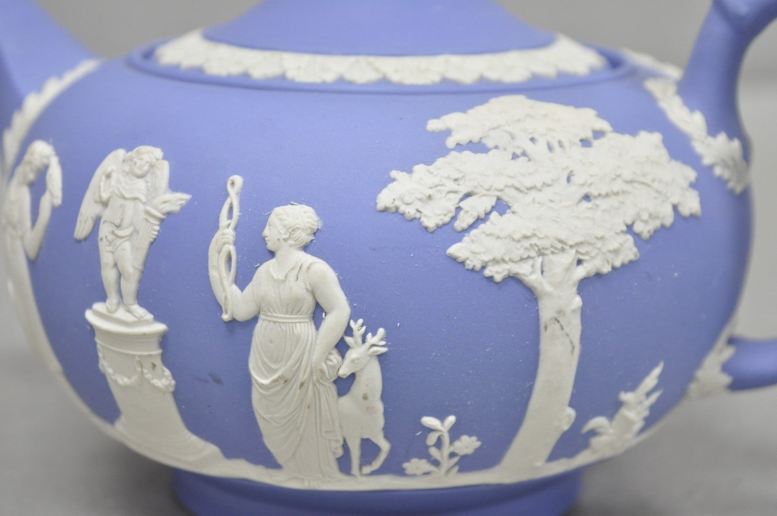 Antique Wedgwood Blue Jasperware Tea Set w/ Tea Pot Creamer Sugar Bowl 3 Pc Set