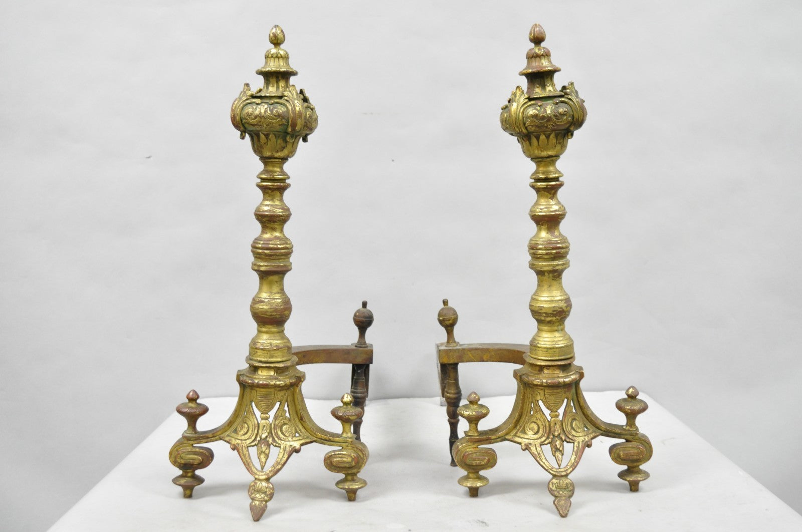 Antique French Baroque Louis XV Style Bronze Brass Andirons with Patina - a Pair