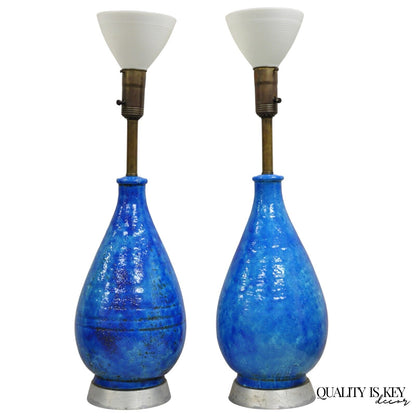 Large Italian Mid Century Modern Blue Lava Glazed Ceramic Table Lamps - a Pair