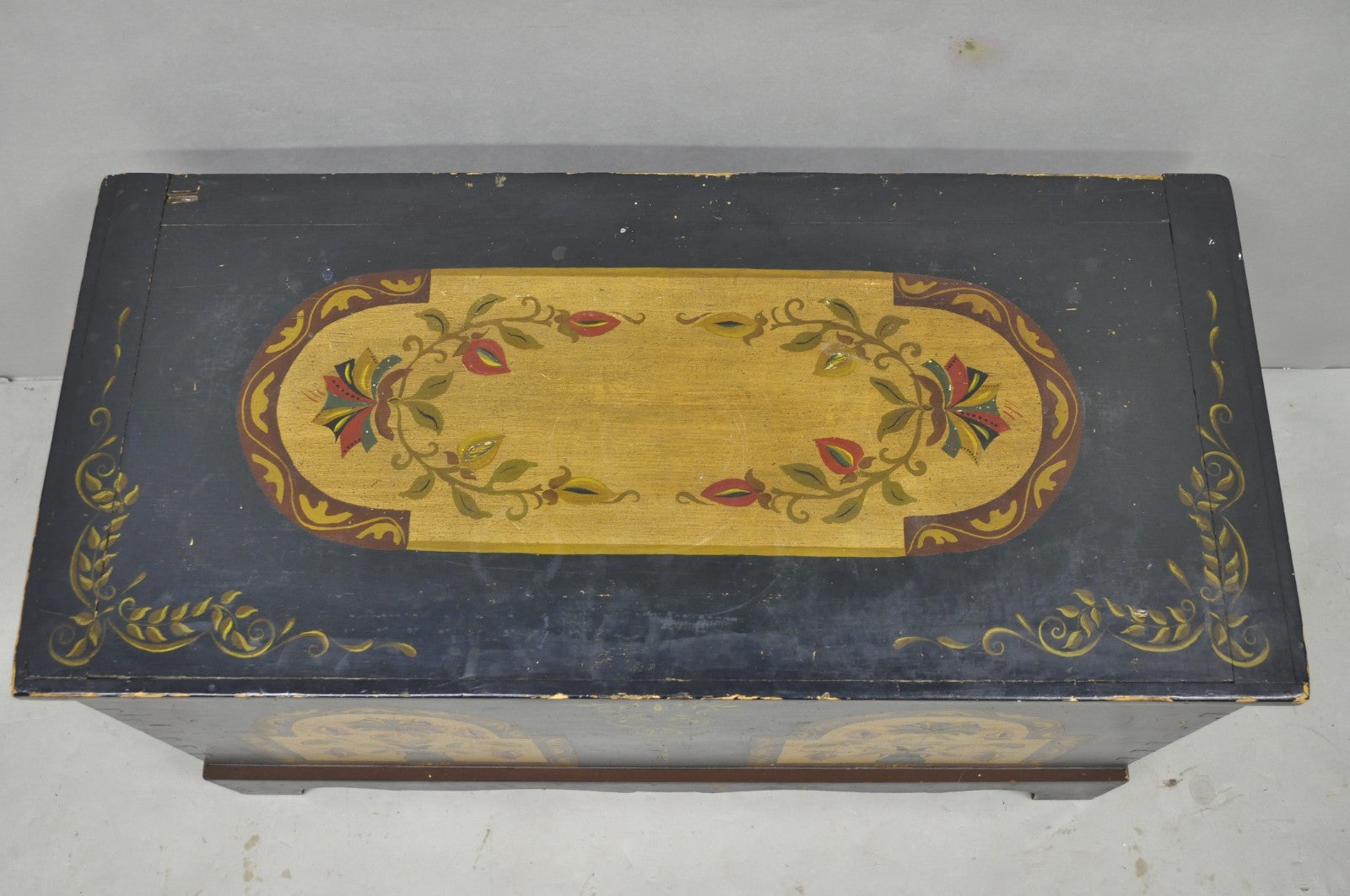 Antique Pennsylvania Dutch Colonial Blue Hand Painted Blanket Chest Trunk