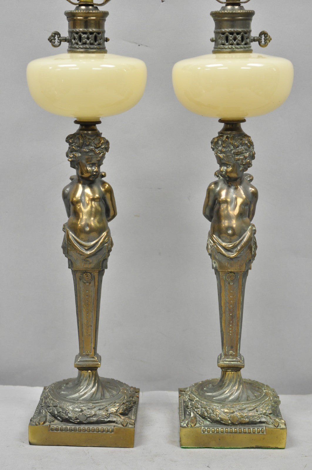 Vintage French Renaissance Brass Cherub Putti Column Cream Glass Table Lamp Pair