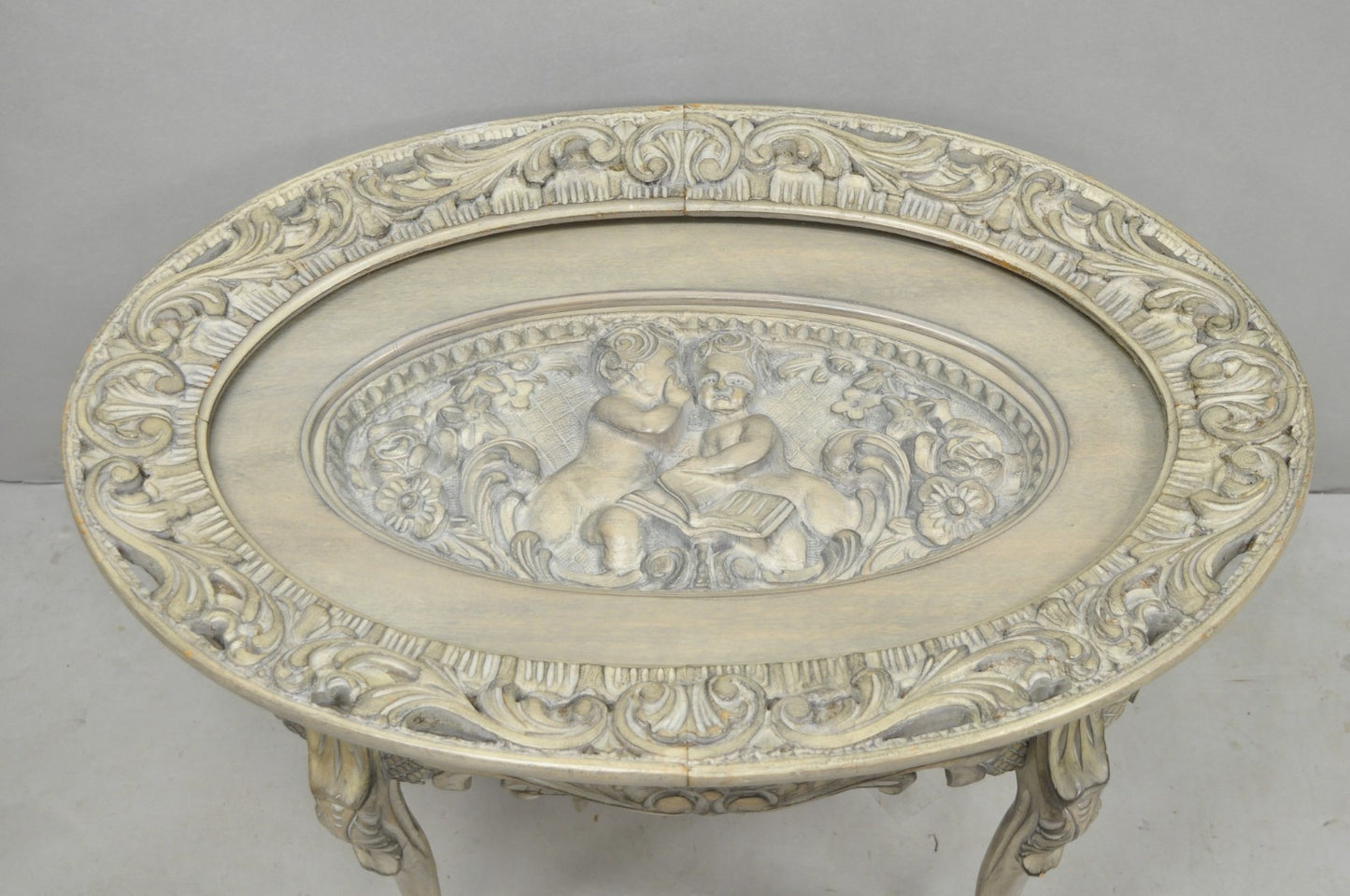 Vintage French Renaissance Walnut Gray Distress Painted Cherub Coffee Table