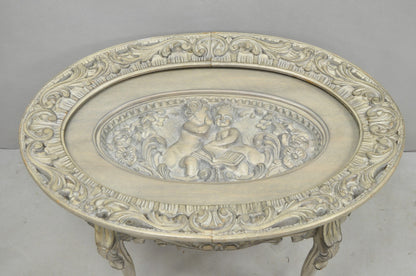 Vintage French Renaissance Walnut Gray Distress Painted Cherub Coffee Table