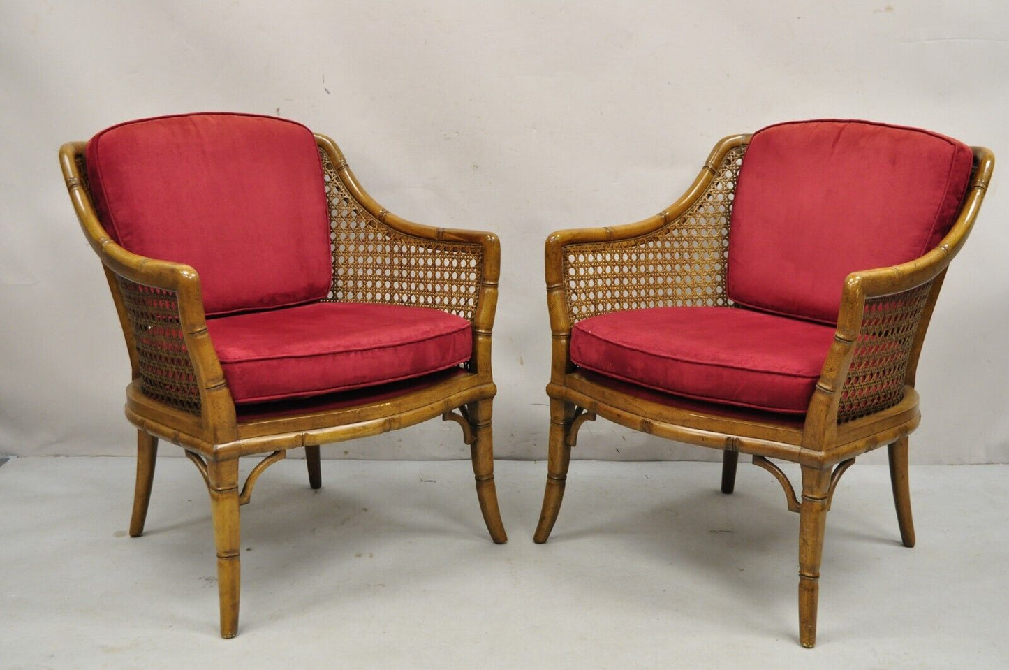 Vintage Chinese Chippendale Faux Bamboo Cane Barrel Back Club Chairs - a Pair