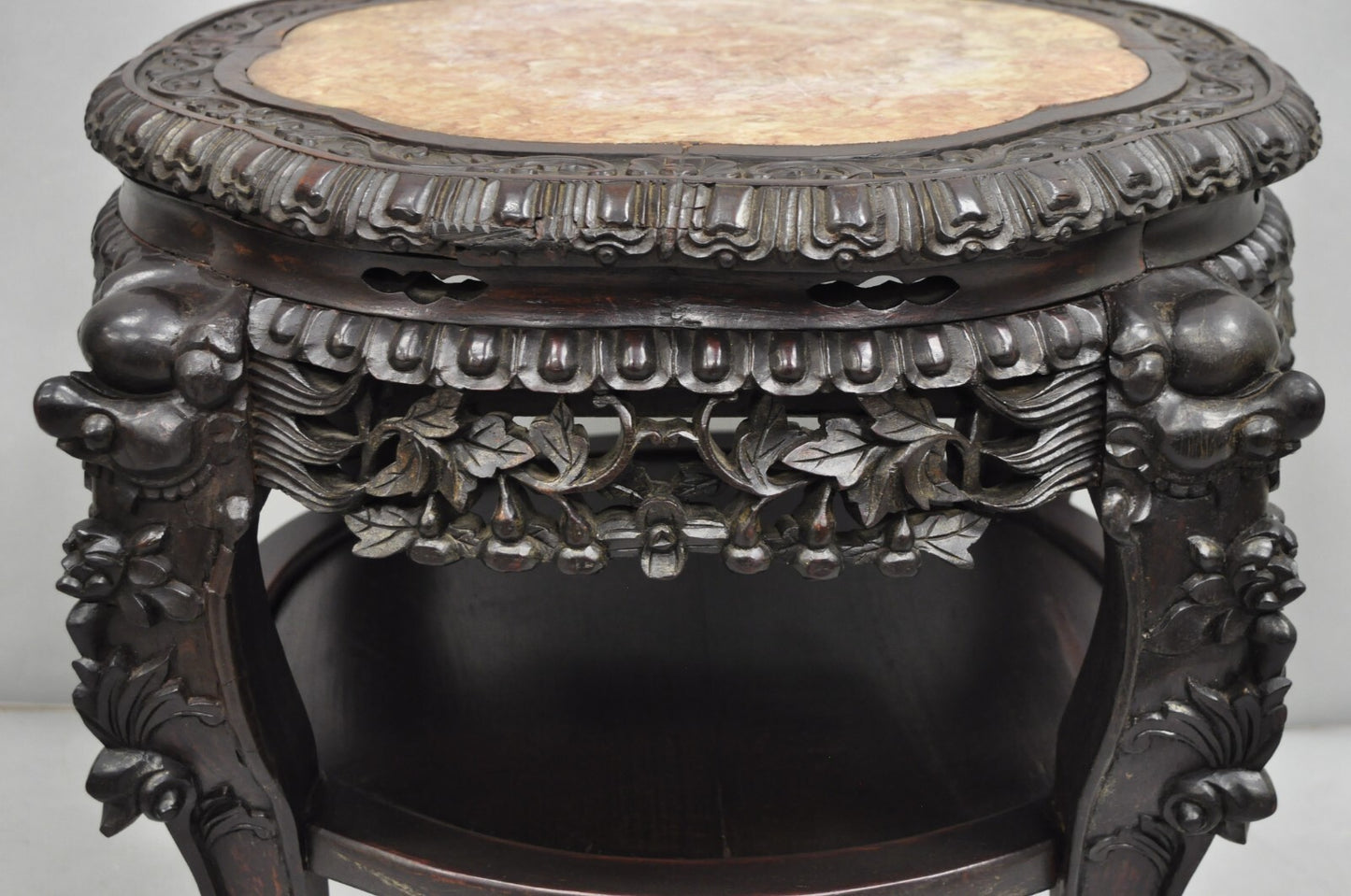 Antique Chinese Carved Hardwood Marble Top Pedestal Plant Stand Low Side Table