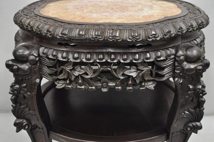 Antique Chinese Carved Hardwood Marble Top Pedestal Plant Stand Low Side Table