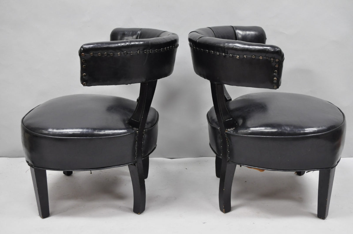 Vintage Mid Century Modern Low Black Barrel Back Lounge Club Chairs - a Pair