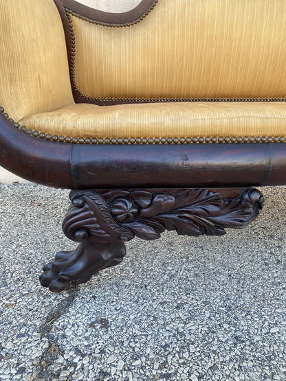 Antique American Empire Classical Carved Mahogany Paw Foot Rolled Arm Sofa