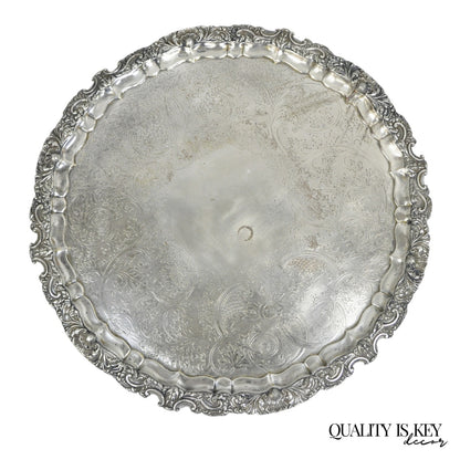 Antique English Victorian 22" Round Silver Plated Serving Platter Salver Tray