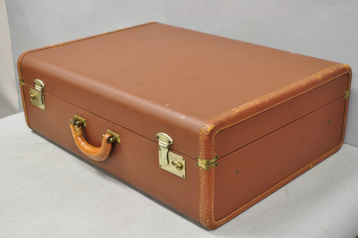 Vintage Art Deco Brown Hard Shell 24" Travel Suitcase Luggage w/ Fitted Interior