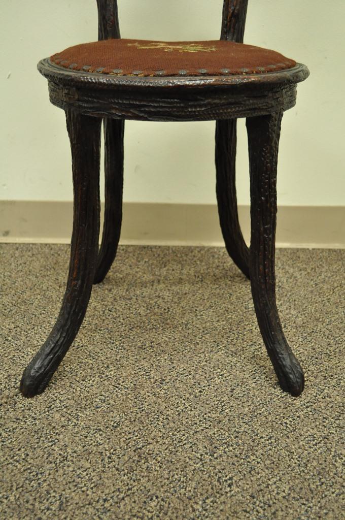 Antique Black Forest Faux Bois Carved Mahogany Twig Branch Side Vanity Chair