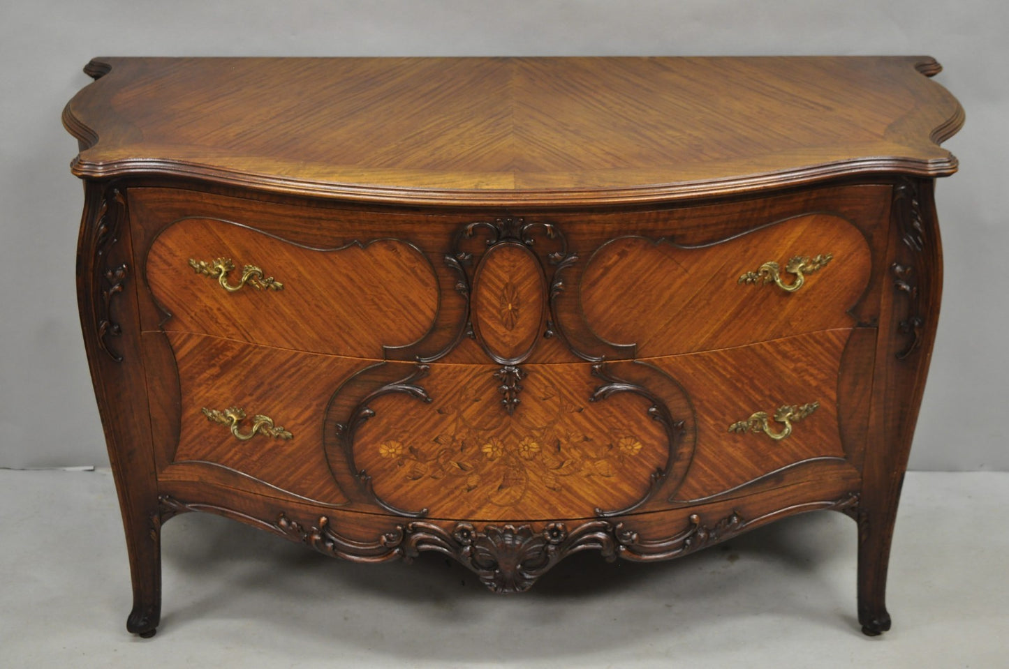 Antique French Louis XV Carved Walnut Inlaid Bombe Demilune Commode Dresser