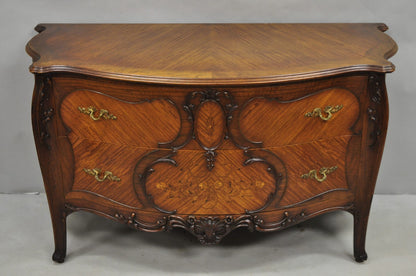 Antique French Louis XV Carved Walnut Inlaid Bombe Demilune Commode Dresser