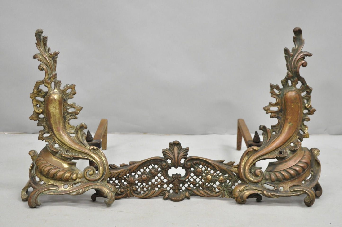 Antique French Louis XV Patinated Brass Bronze Small Fireplace Andirons & Fender