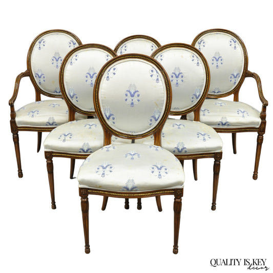 Italian Regency French Louis XVI Style Cherry Wood Oval Dining Chairs - Set of 6
