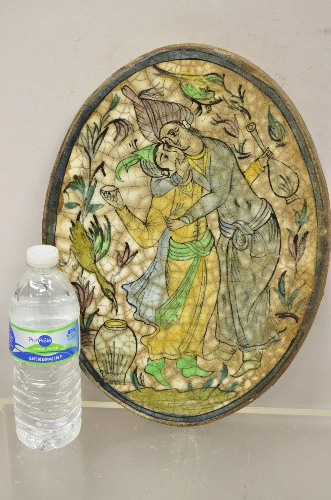 Antique Persian Iznik Qajar Style Ceramic Pottery Oval Tile Couple Embrace C3