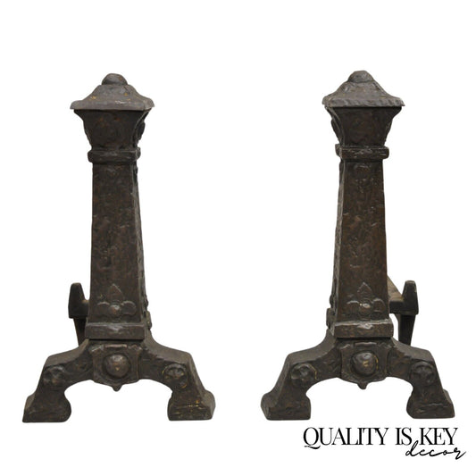 Antique Gothic Arts & Crafts Renaissance Cast Metal Fireplace Andirons - a Pair