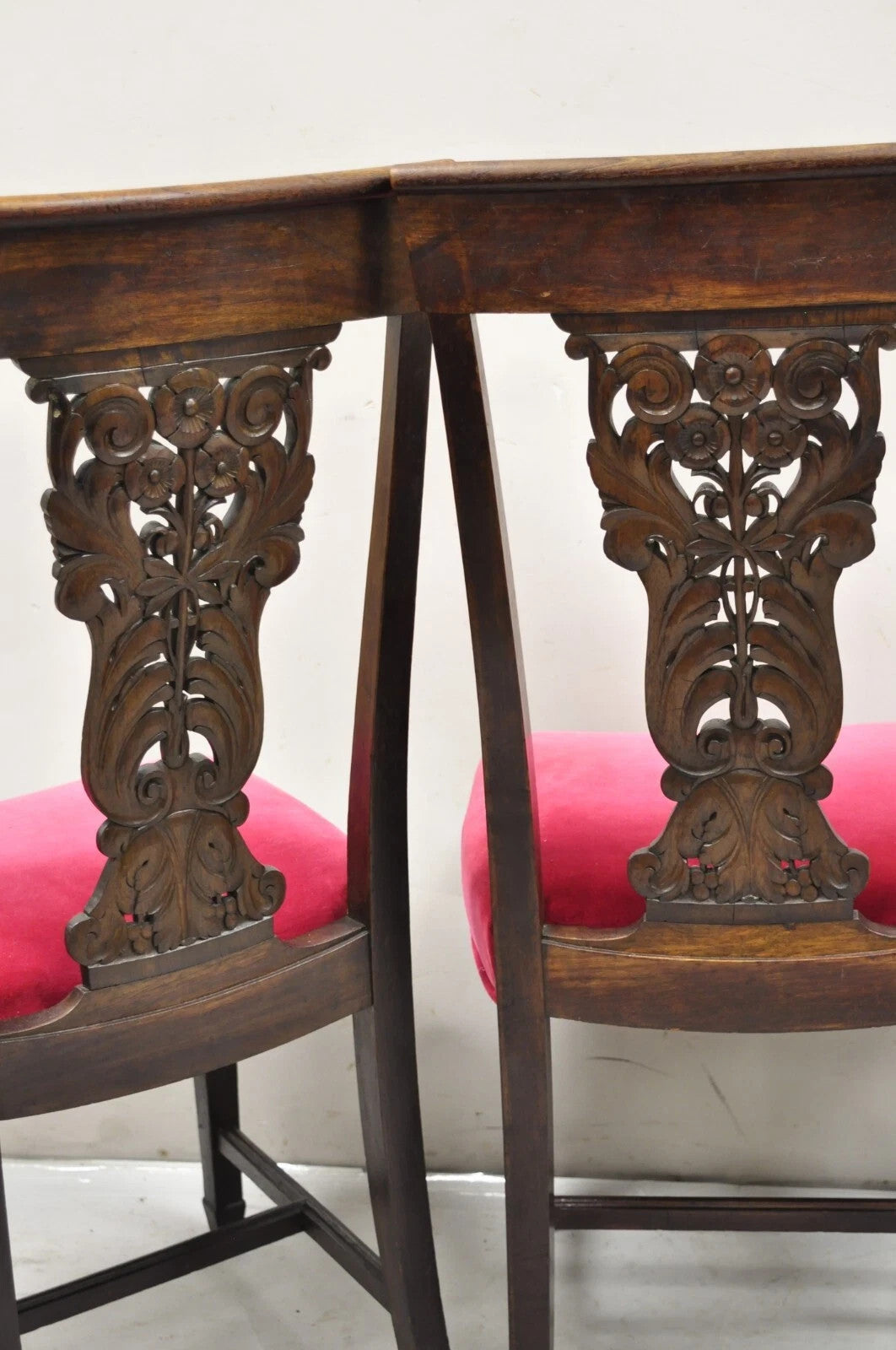 Antique Edwardian Floral Carved Mahogany Red Mohair Dining Chairs - Set of 4