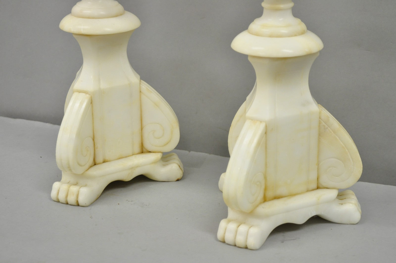 Antique Italian Neoclassical Carved Alabaster Marble Column Table Lamps - a Pair