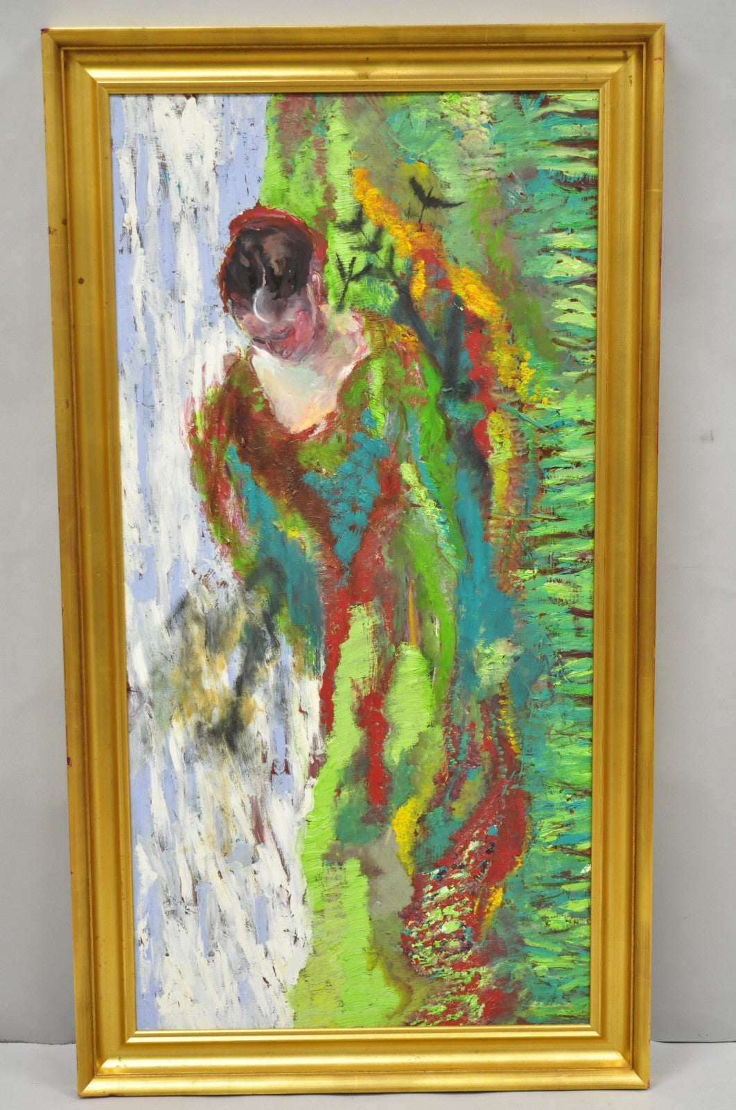 Large Impressionist Style Young Woman in Field Oil on Wood Board Framed Painting