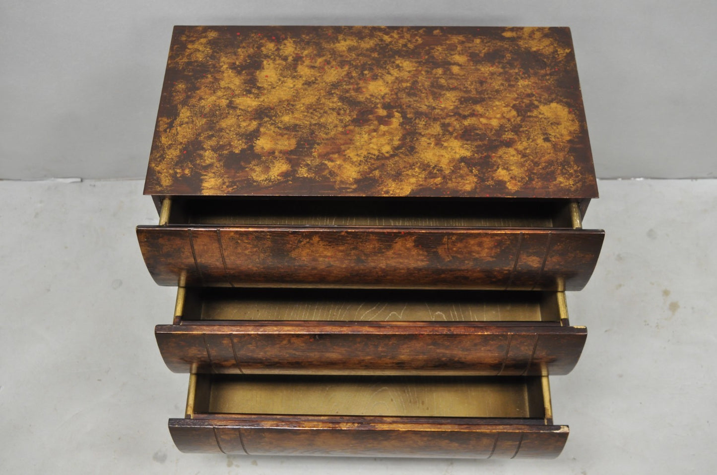 Decorator 3 Drawer Stacked Faux Book Form Italian Side Table w/ Oil Drop Finish