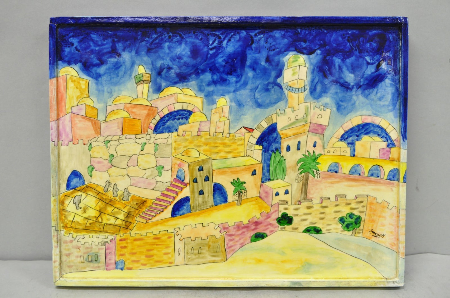 Vintage Yair Emanuel Judaica Hand Painted Wood Challah Board Made in Israel