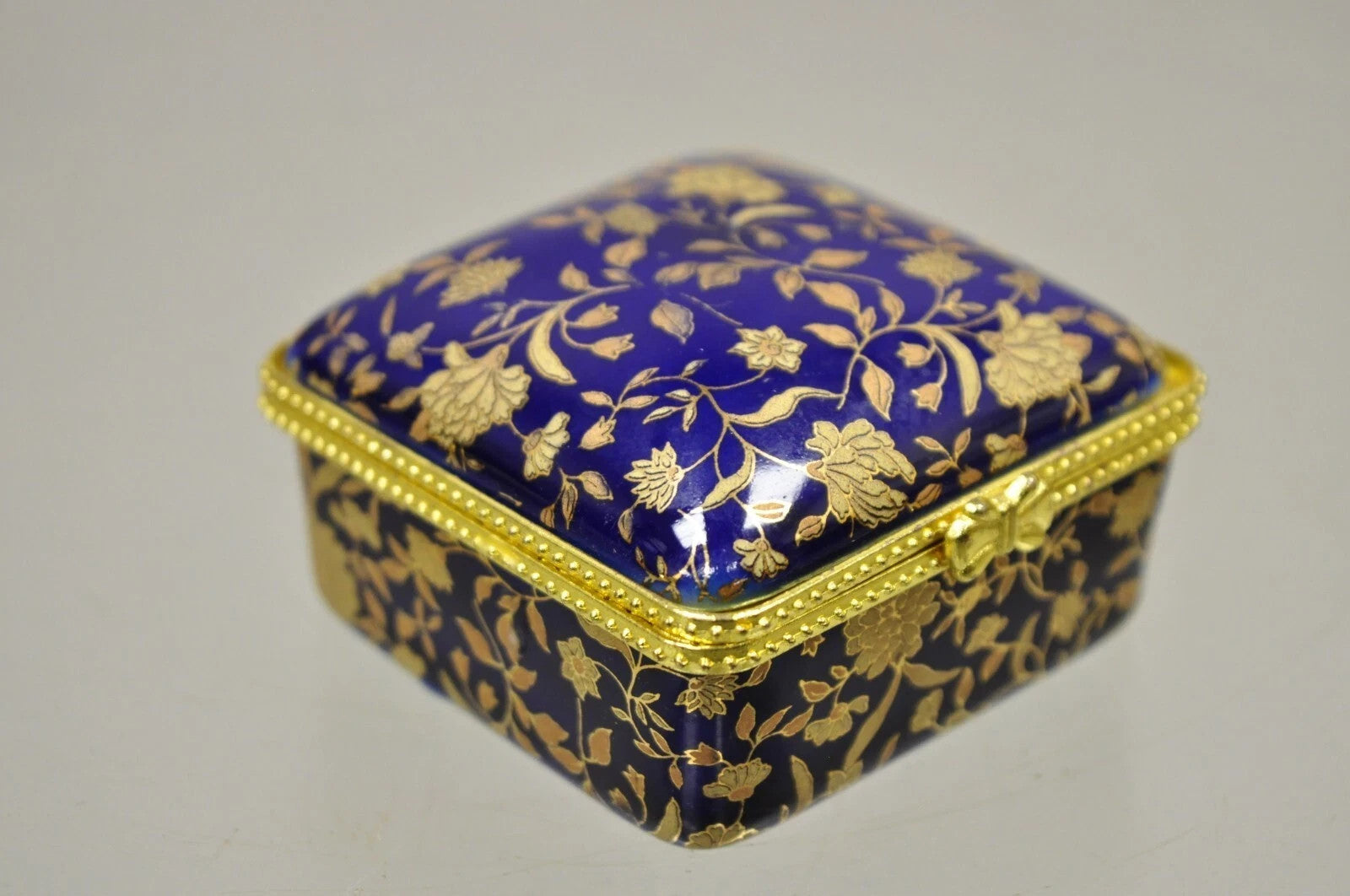 Vintage Cobalt Blue Porcelain Egg Gold Gilt Hinged Lid Candle Trinket Box - 2 Pc