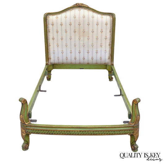 Antique French Louis XVI Style Green Painted Upholstered Twin Bed by Vanleigh