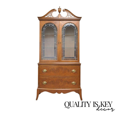 Antique Federal Style Mahogany China Display Cabinet with Stained Glass Doors