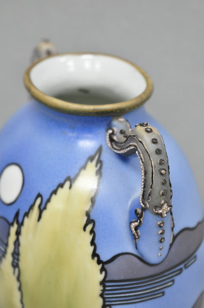Antique Hand Painted Blue Nippon Porcelain Halloween Pattern Twin Handle Vase