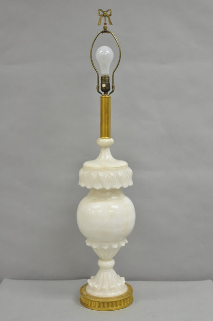 Antique Neoclassical Large Carved Solid Alabaster Marble Leaf Bulbous Table Lamp