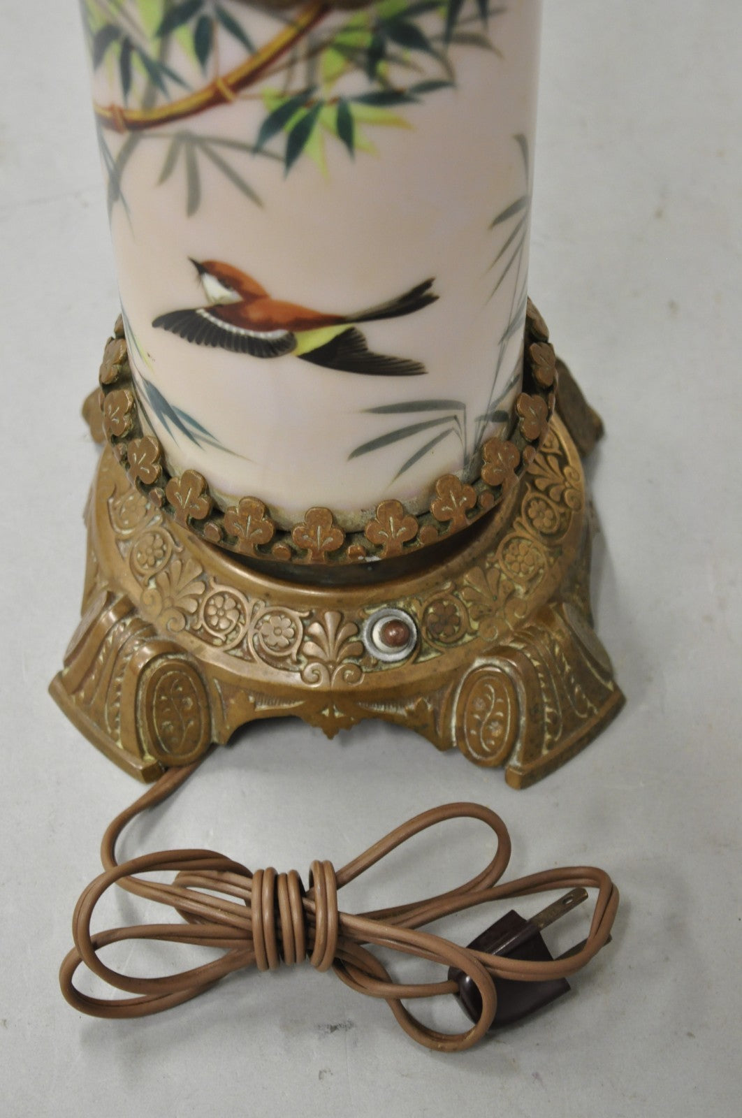 Art Nouveau Converted Oil Lamp Glass Cylinder Bird Painted Bronze Table Lamp