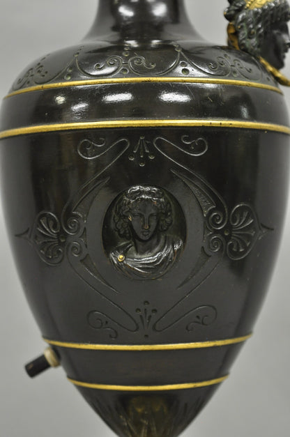 Antique French Neoclassical Patinated & Gilt Bronze Figural Ewer Urn Table Lamp